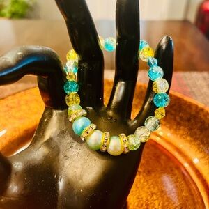 Green Goddess: Elegant Blue, Yellow, and Green Glass and Crystal Beaded Bracelet